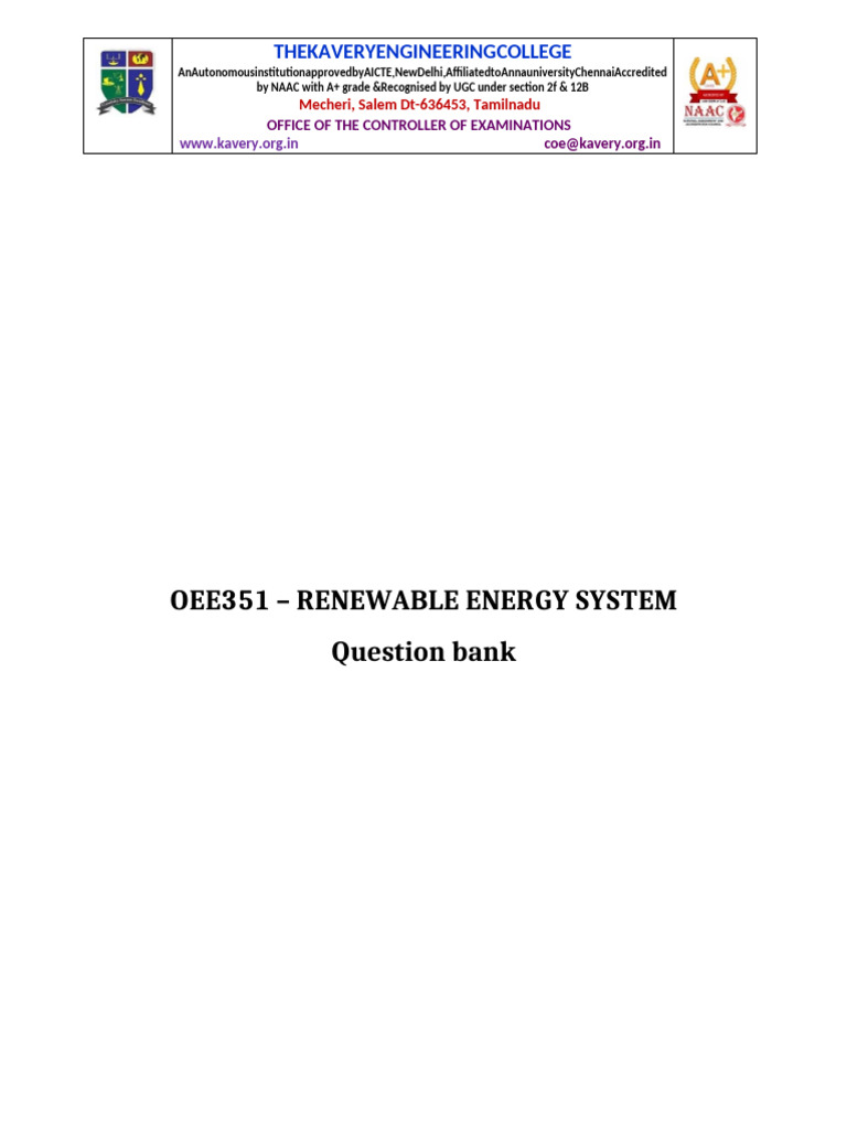 OEE351 Renewable Energy System Question Bank | PDF | Photovoltaics ...
