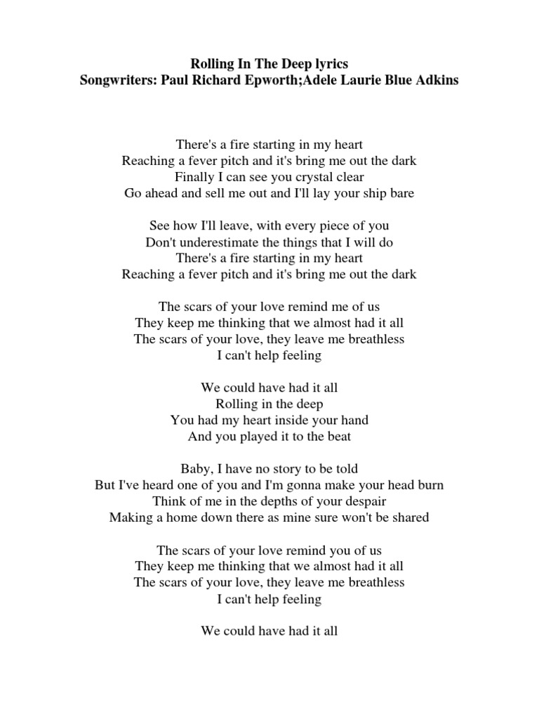 Rolling in The Deep Lyrics PDF Adele Entertainment (General)
