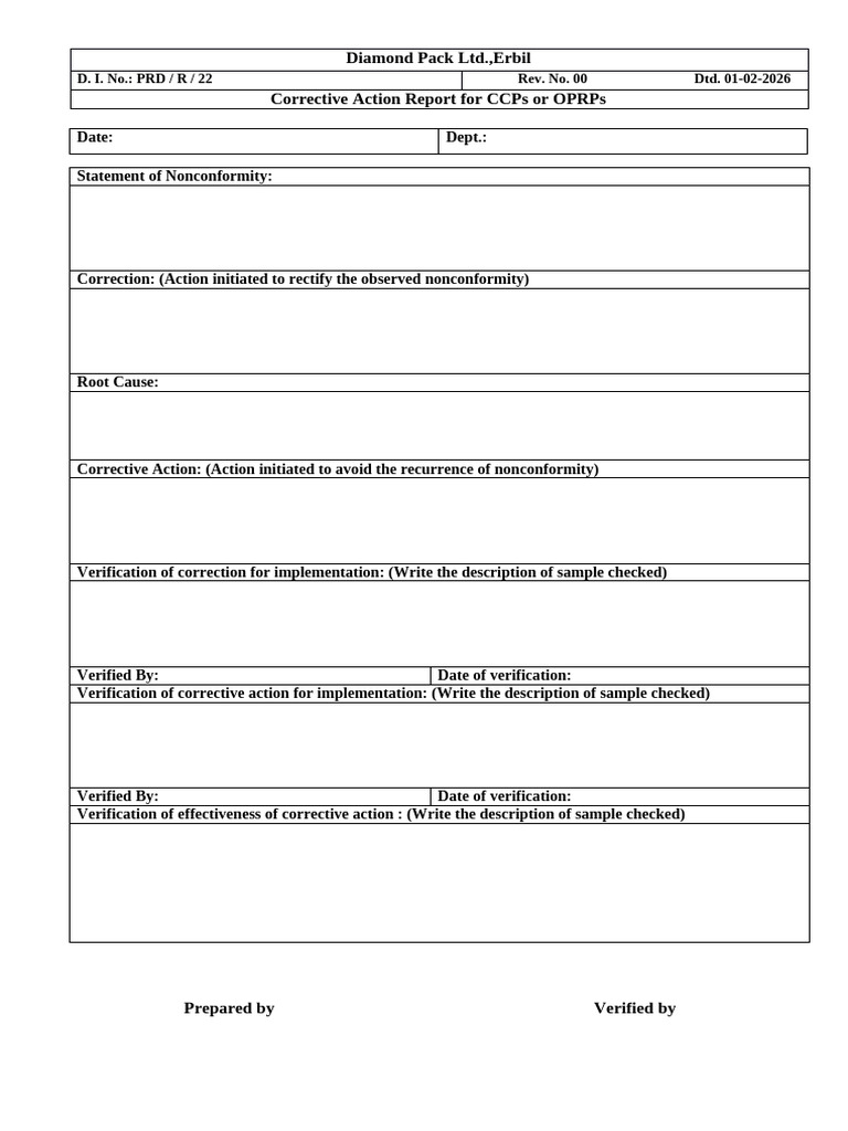 PRD-R-22 Corrective Action Report For CCPs or OPRPs | PDF