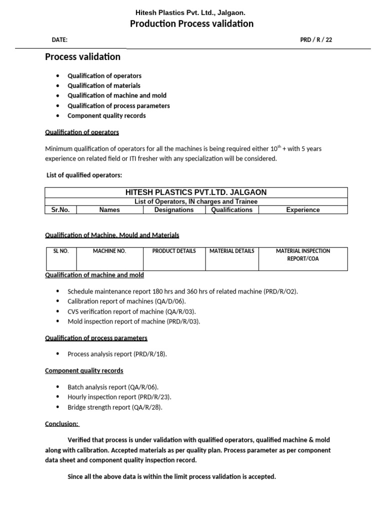 PRD-R-17 Process Validation Record | PDF