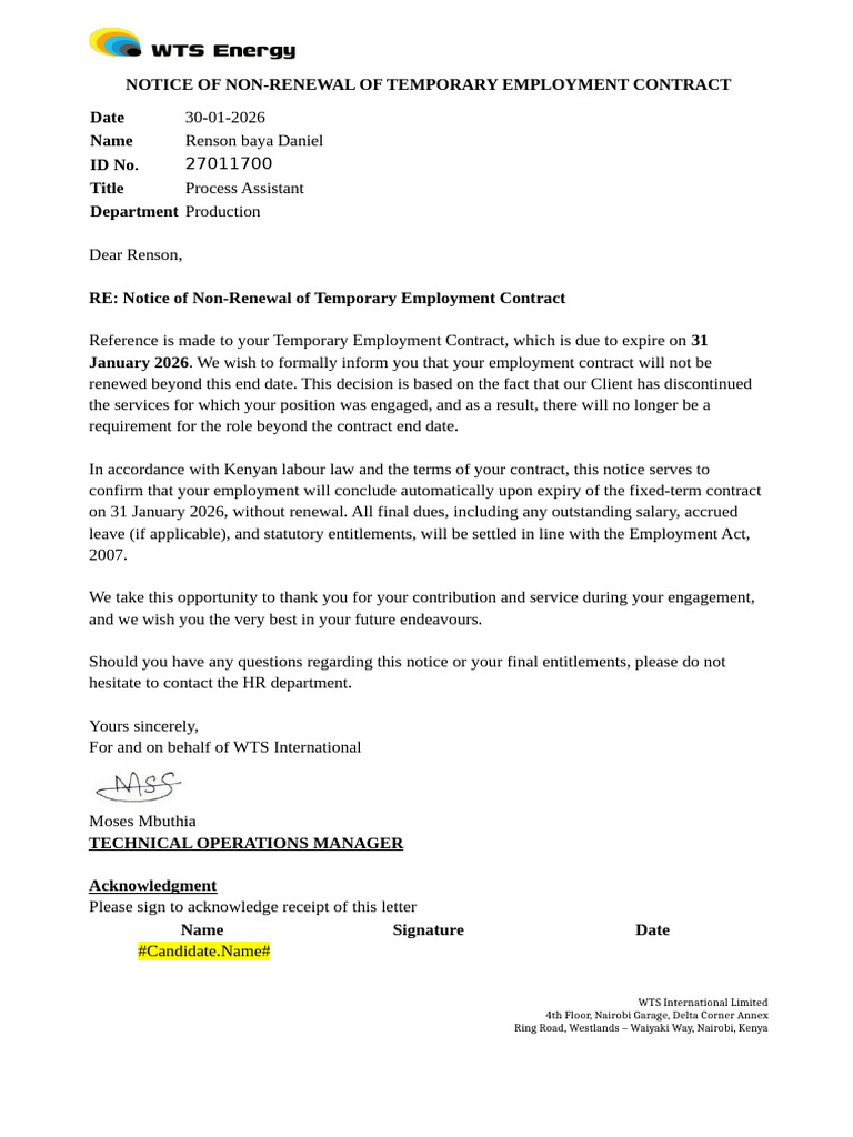 Renson Baya Daniel - Notice of Non-Renewal of Temporary Employment ...