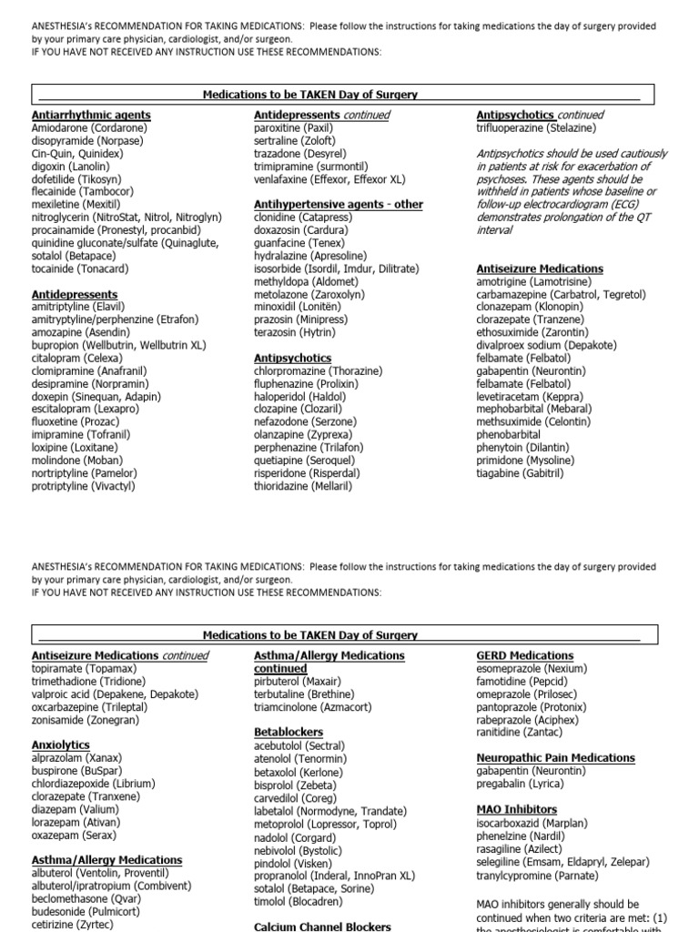 RMH Medications To Be Taken Day of Surgery | PDF | Drugs | Pharmacology