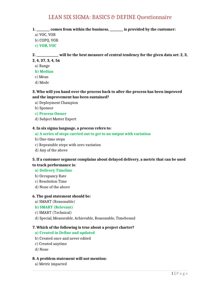 1.lean Six Sigma - Basics & Define - Questionnaire | PDF | Six Sigma ...
