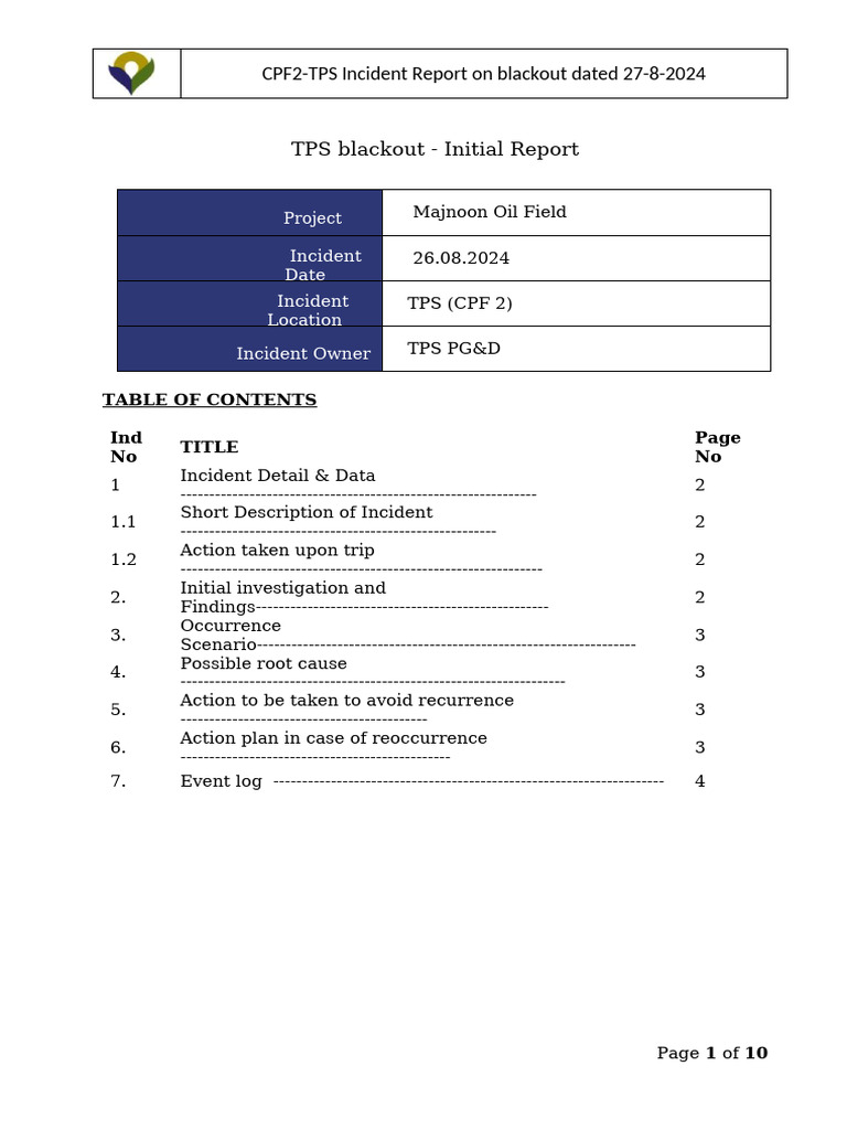 TPS Blackout Incident Report 26-08-2024 Modified | PDF