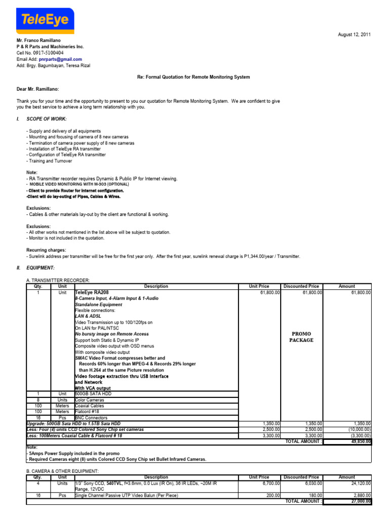TELE-EYE Sample Quotation | PDF | Personal Computers | Local Area Network