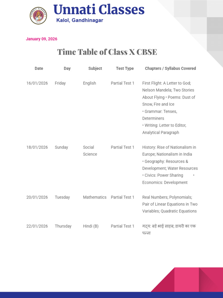 Time Table of Class X CBSE | PDF | Equations | Algebra