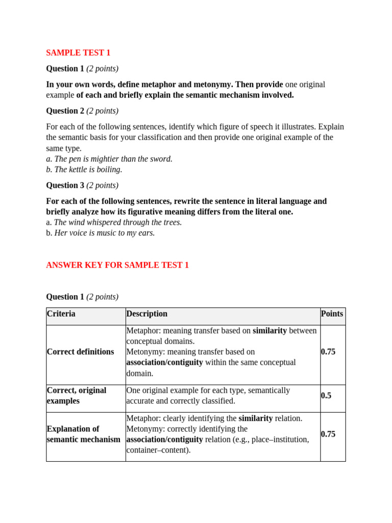 SAMPLE TESTS-essay Questions | PDF | Semantics | Metaphor