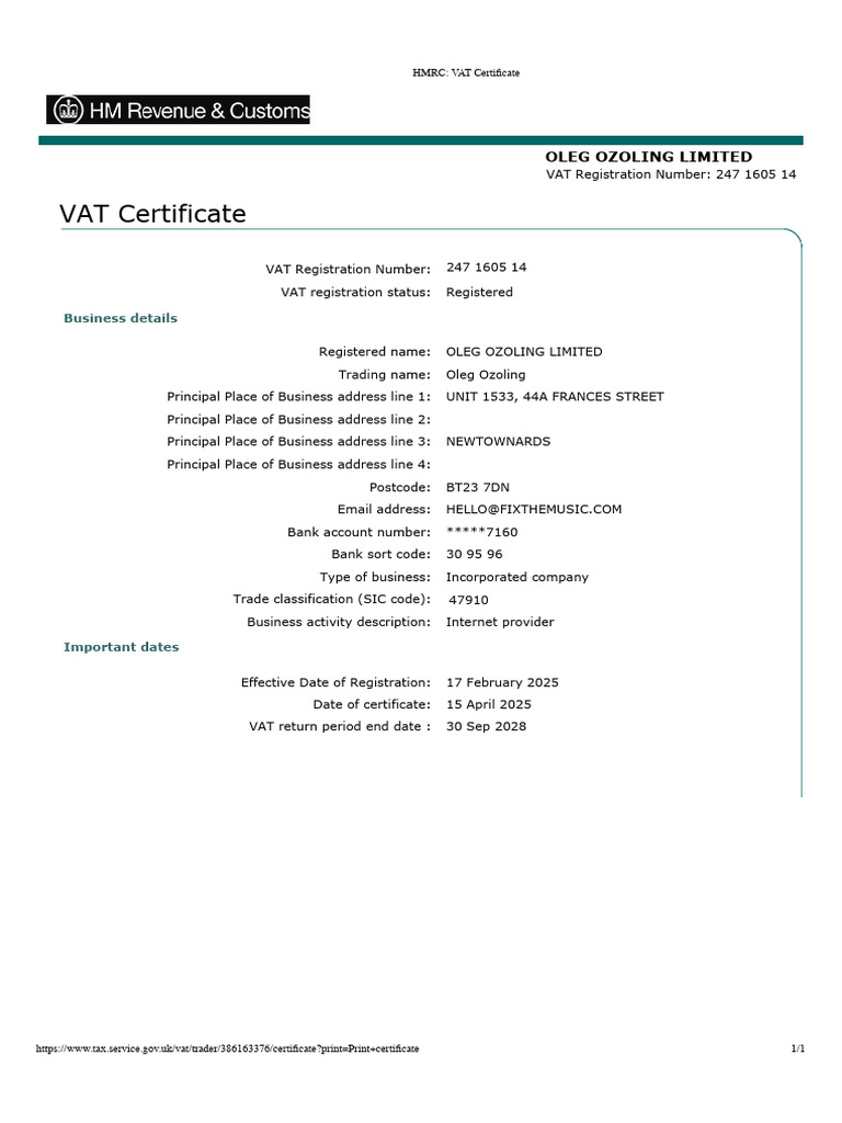 HMRC VAT Certificate PDF | PDF