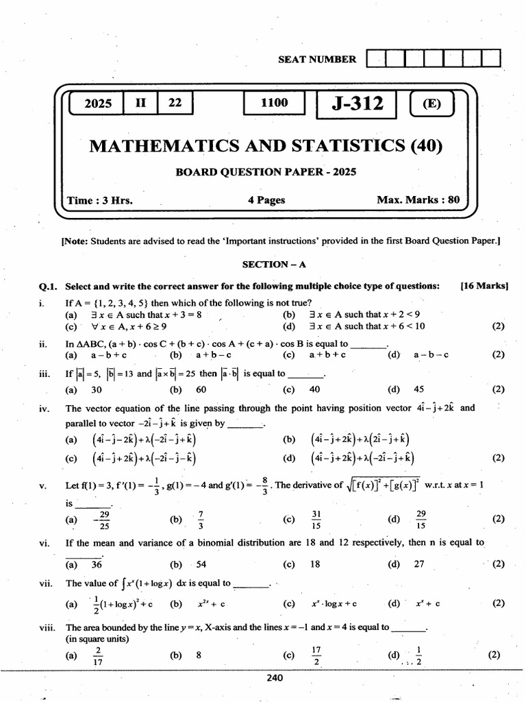 Board Question Paper Feb 2025 Mathematics and Statistics | PDF ...