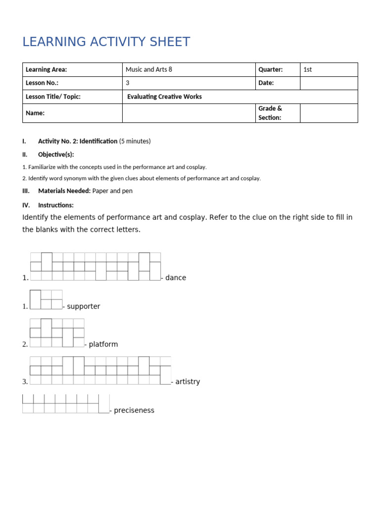 Music and Arts Grade 8 Week 5 6 Activity | PDF
