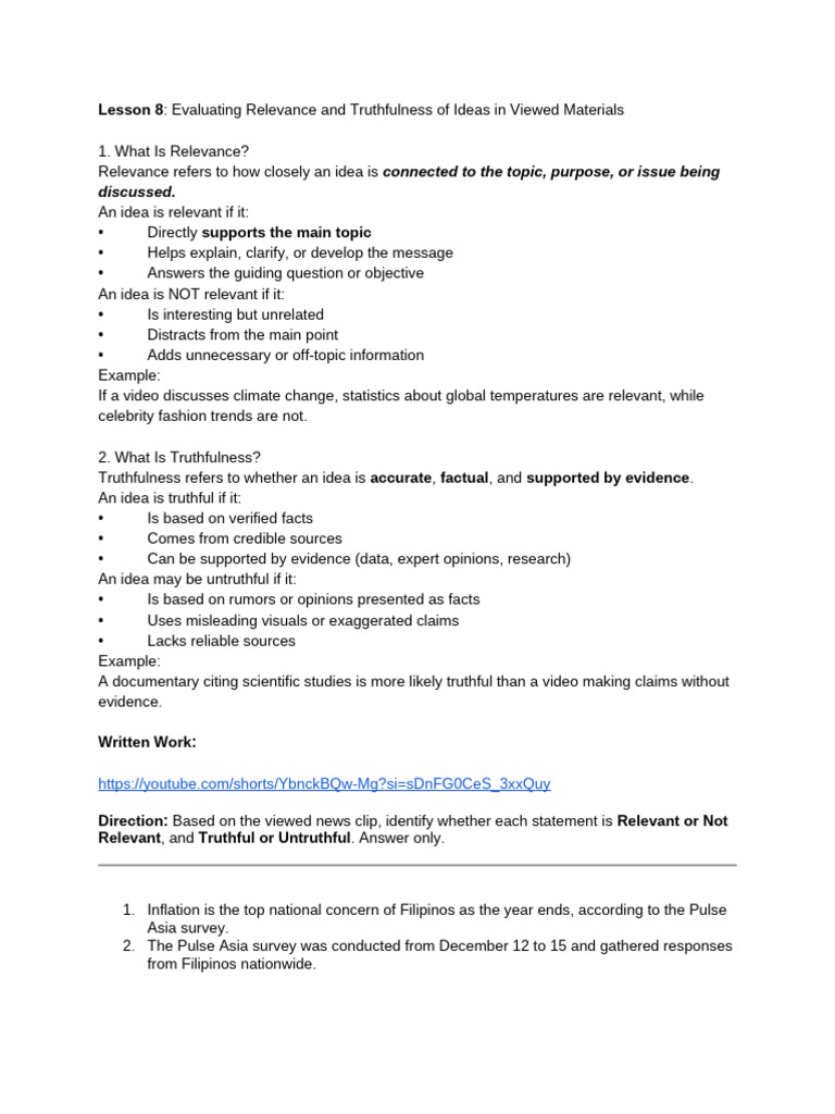 Lesson 8 Evaluating Relevance and Truthfulness of Ideas in Viewed ...