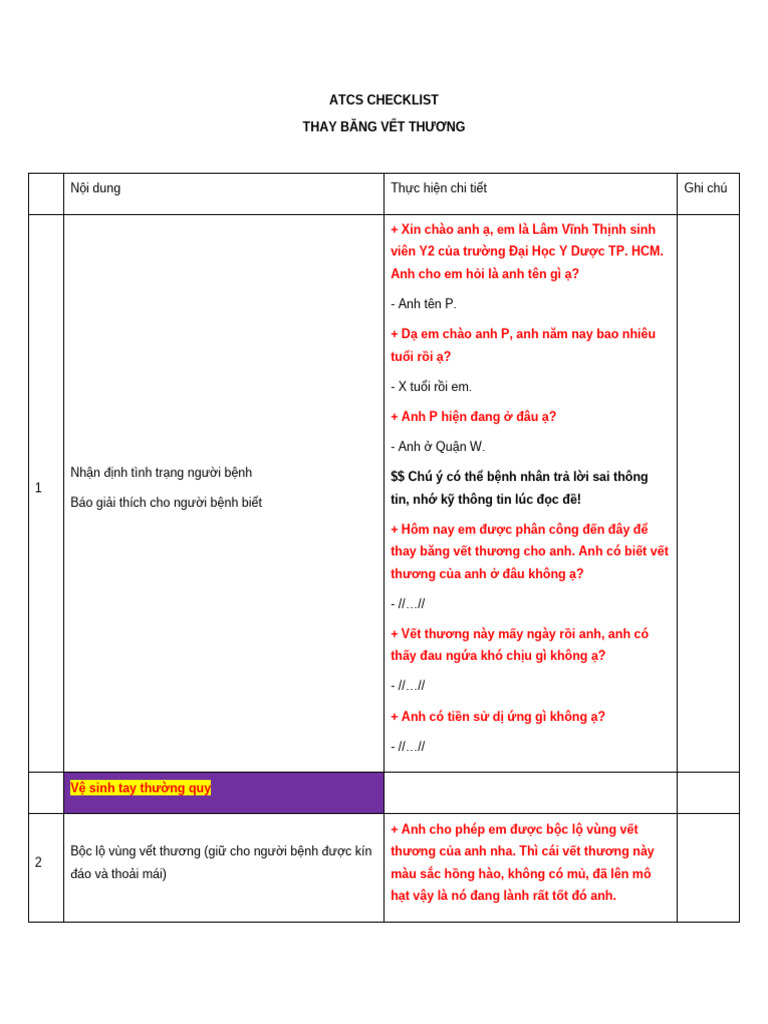 ATCS CHECKLIST Thay Băng Vết Thương R | PDF