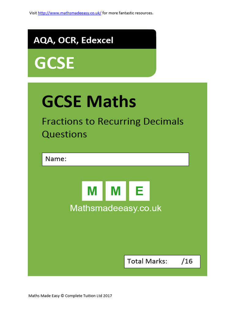 GCSE Maths Fractions To Recurring Decimals Questions | PDF