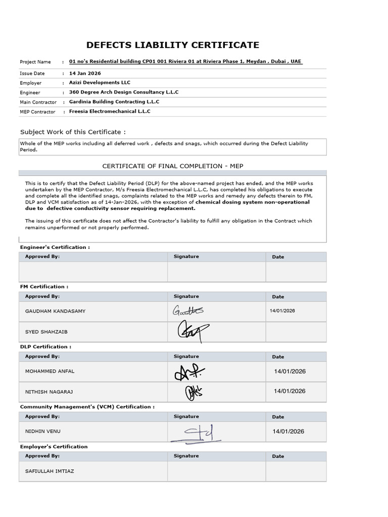 DLP Completion Certificate - Riviera 01 - MEP PDF | PDF