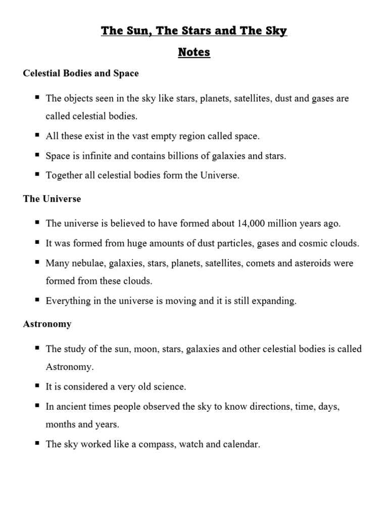 The Sun - The Stars and The Sky - Notes | PDF | Planets | Solar System