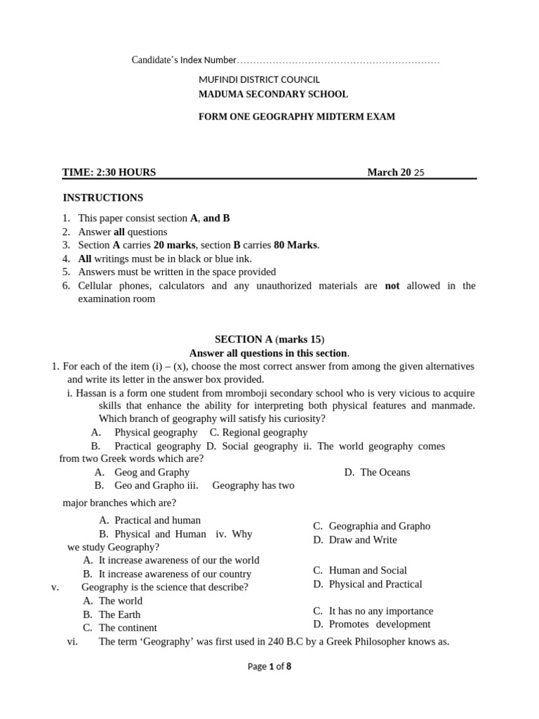 Chaka Form One Geography Midterm Test - 100359 | PDF | Planets | Solar ...