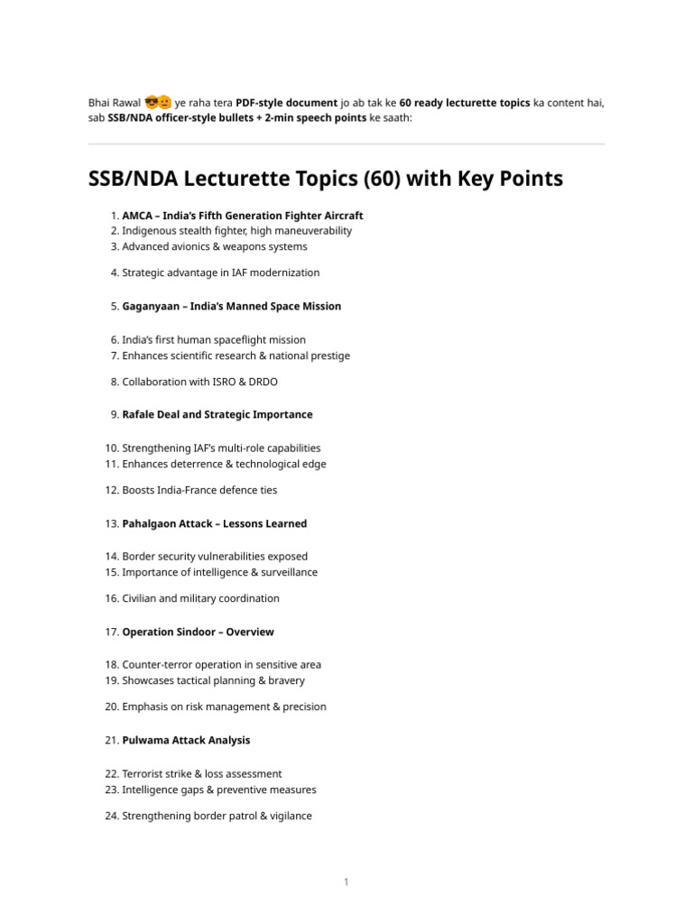 SSB 60 Lecturette Topics | PDF | Military | Warfare