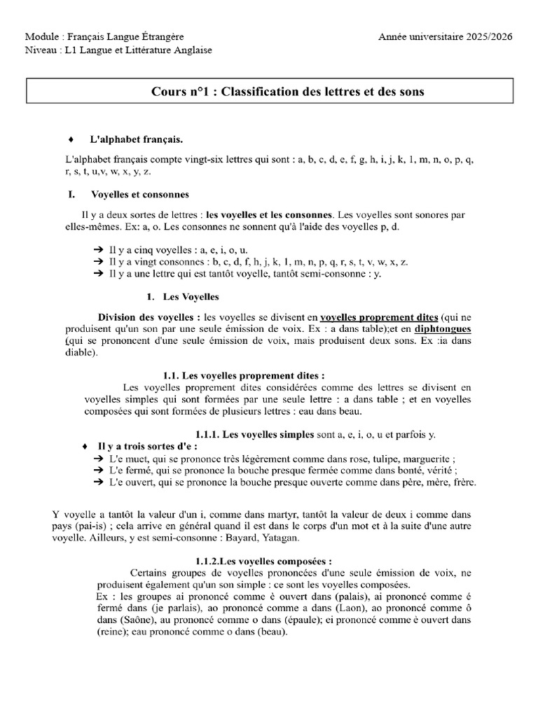 Module: Français Langue Étrangère Année Universitaire 2025/2026 Niveau ...