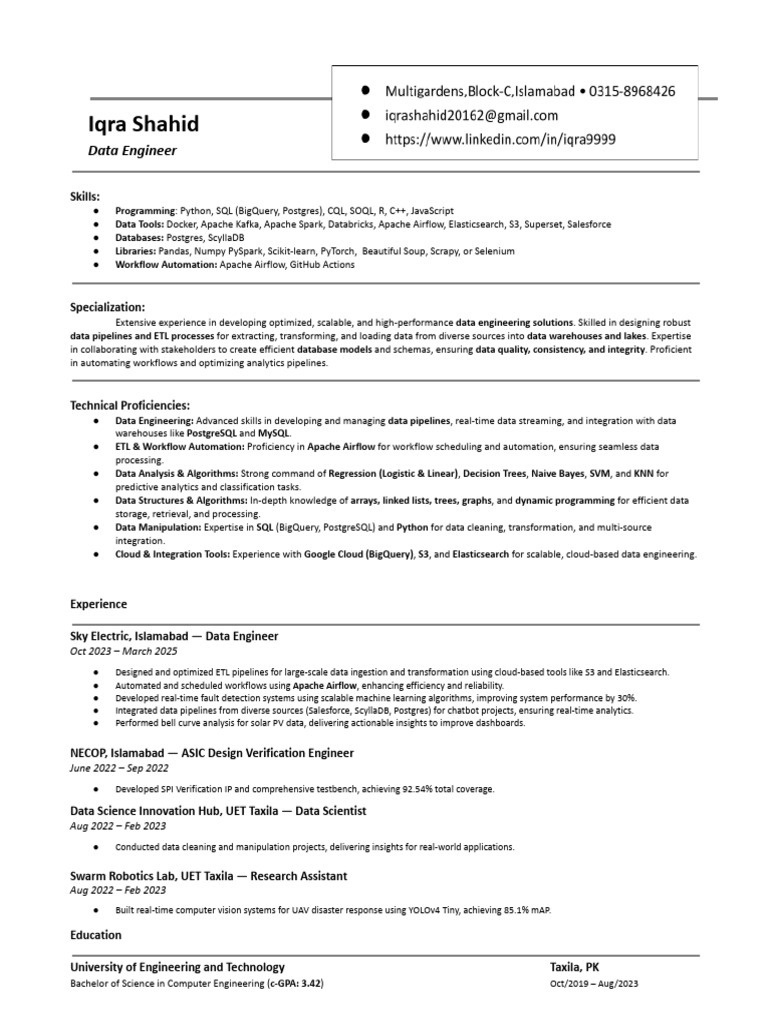 Resume Iqra Data Engineer | PDF | Postgre Sql | Apache Spark