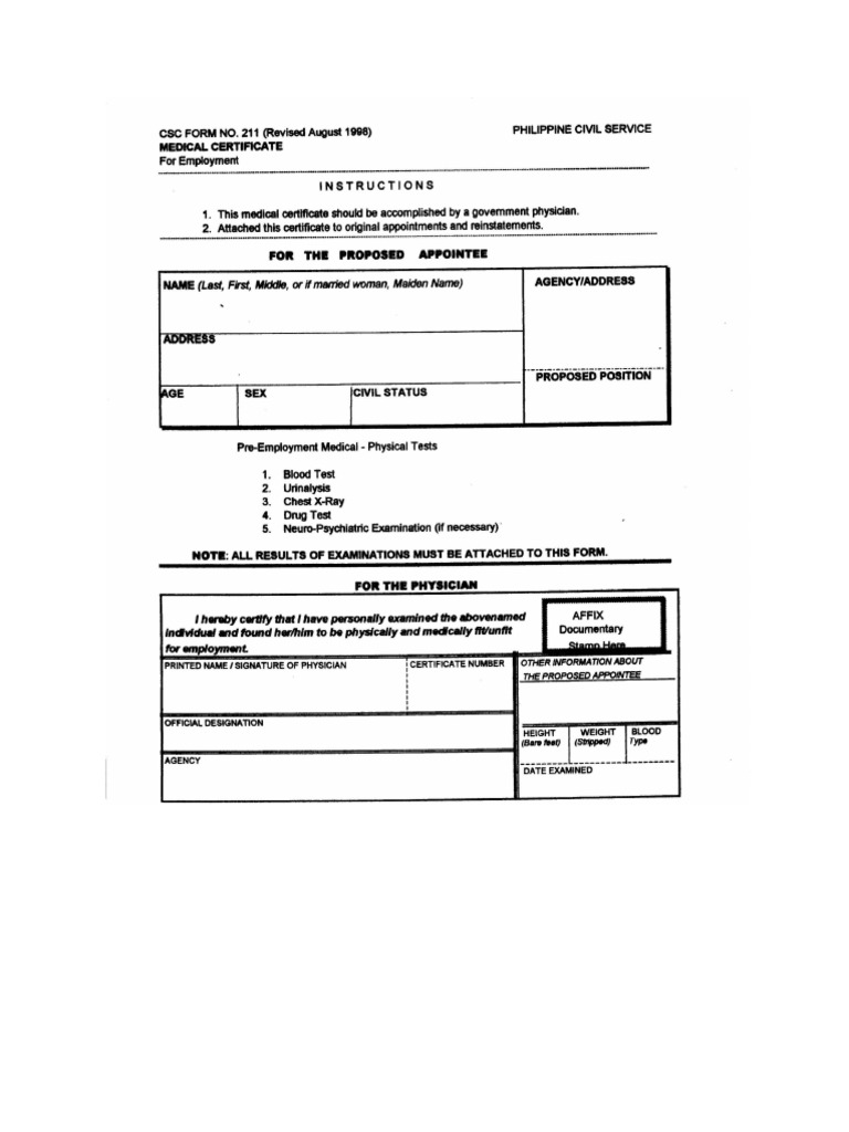 CS Form No. 211 Medical Certificate | PDF