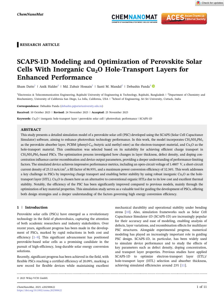 Paper-55 - ChemNanoMat - ShamDatto - SCAPS 1D Modeling | PDF | Solar ...