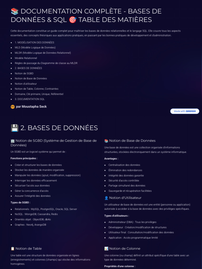 DOCUMENTATION COMPLETE BASES DE DONNEES and SQL TABLE DES MATIERES ...
