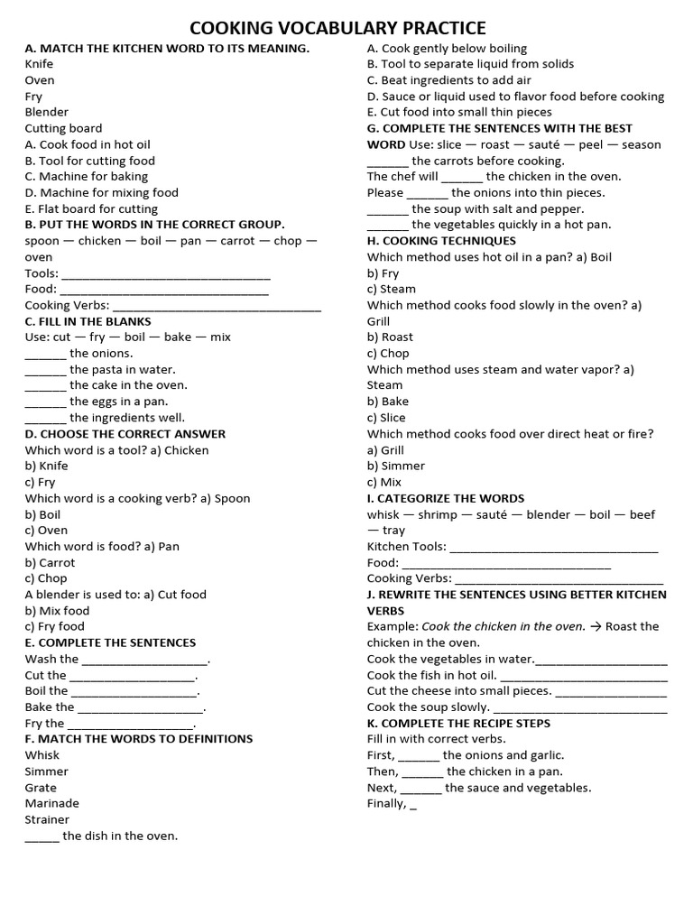 Cooking Vocabulary Practice | PDF | Cooking | Roasting