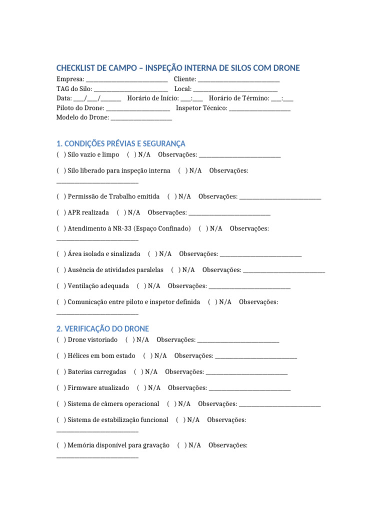 Checklist Campo Inspecao Interna Silos Drone | PDF