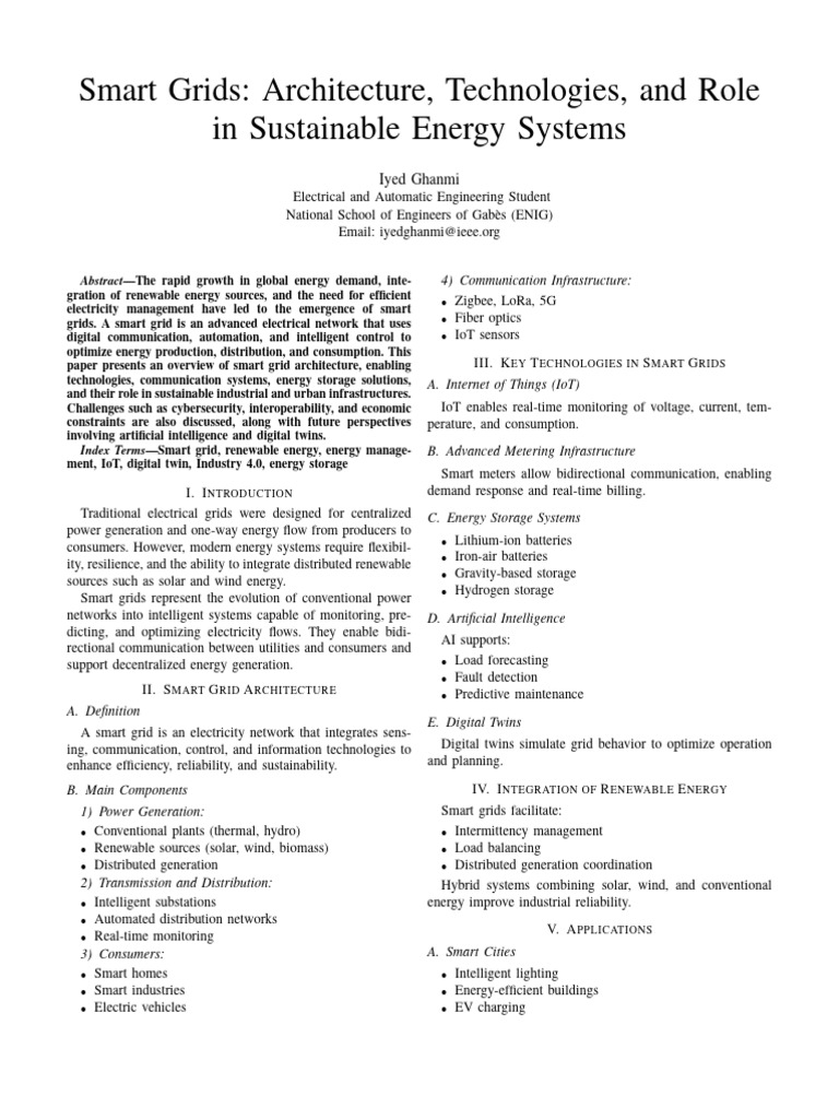 Smart Grids Architecture, Technologies, and Role in Sustainable Energy ...