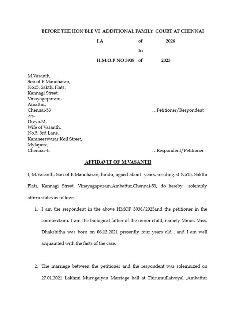 Vasanth Interim Visitation Right Petition | PDF | Child Custody | Family