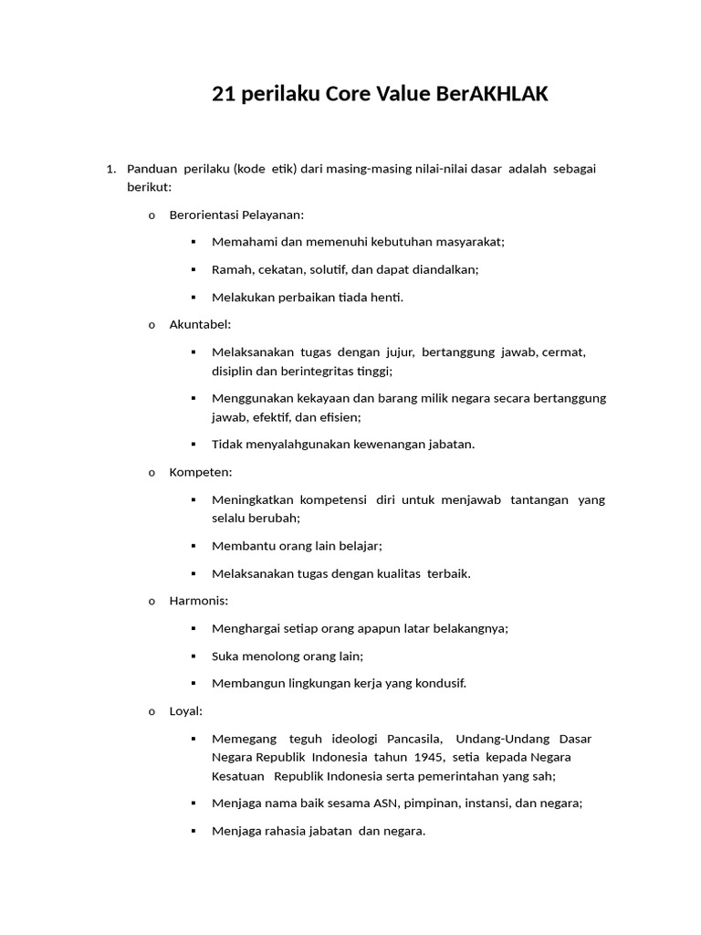 21 Perilaku Core Value BerAKHLAK | PDF