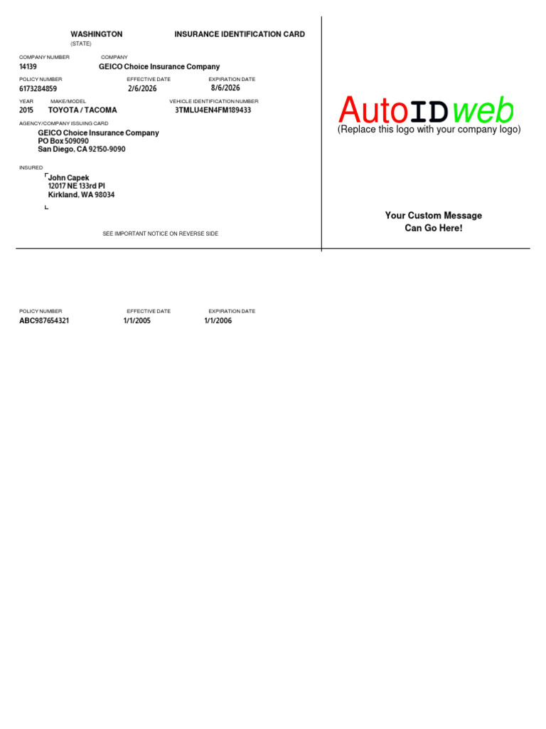 Insurance Card Template 1 | PDF | Vehicles | Transport
