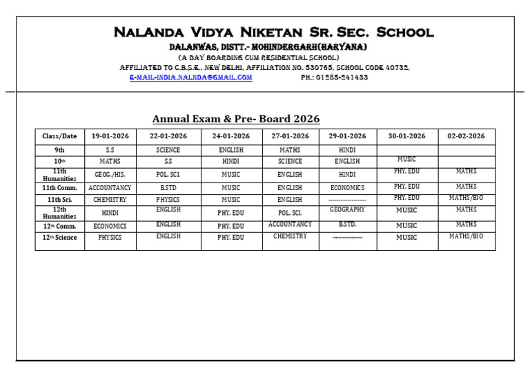 Date Sheet Annual Exam 2026 | PDF