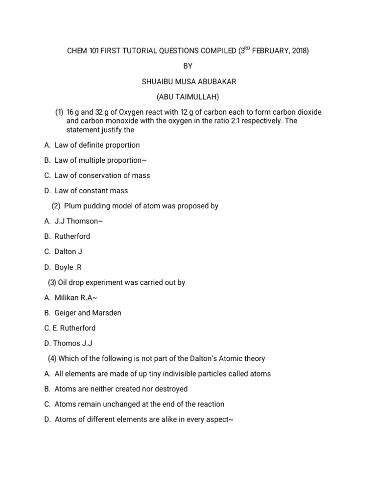 Chem 101 First Tutorial Questions | PDF