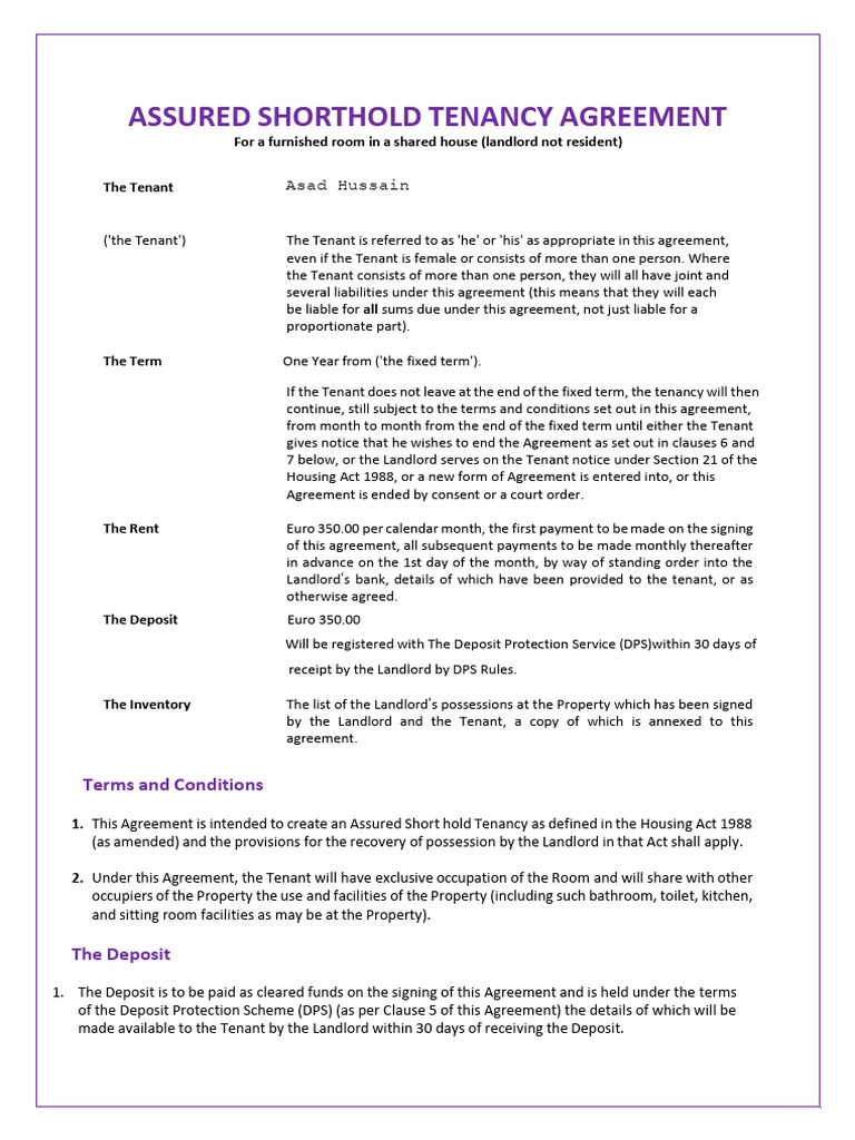 Asad Hussain - RENTAL AGREEMENT | PDF | Leasehold Estate | Landlord