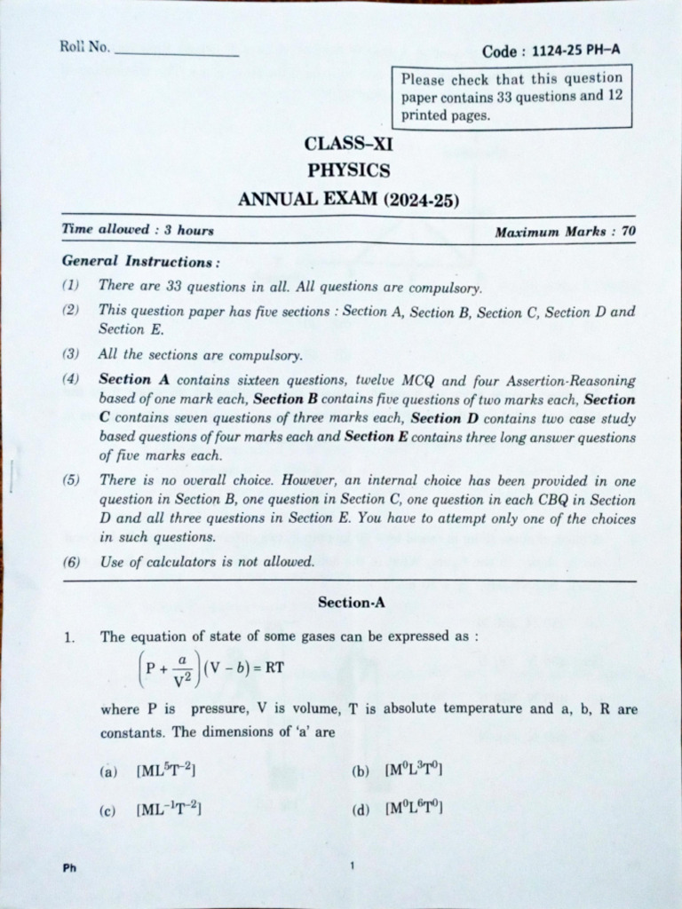 Xi Phy QP Annual 2025 | PDF