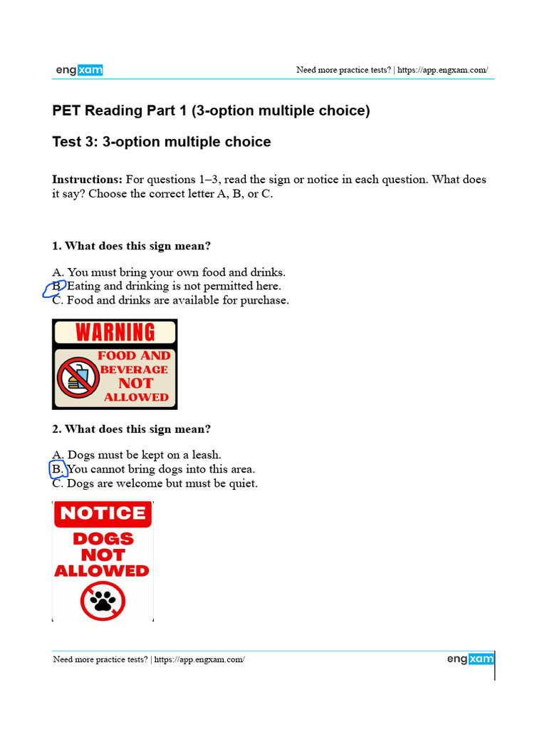 Part 1 3 Option Multiple Choice Test 3 PET2.0 | PDF | Parking ...
