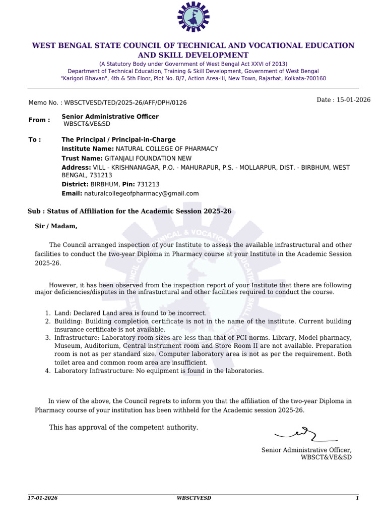 Affiliation - Letter - Dphnatural College of Pharmacy - 2025-26 | PDF ...
