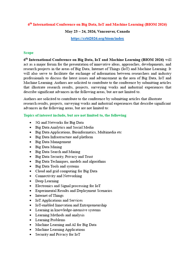 6th International Conference On Big Data, IoT and Machine Learning ...