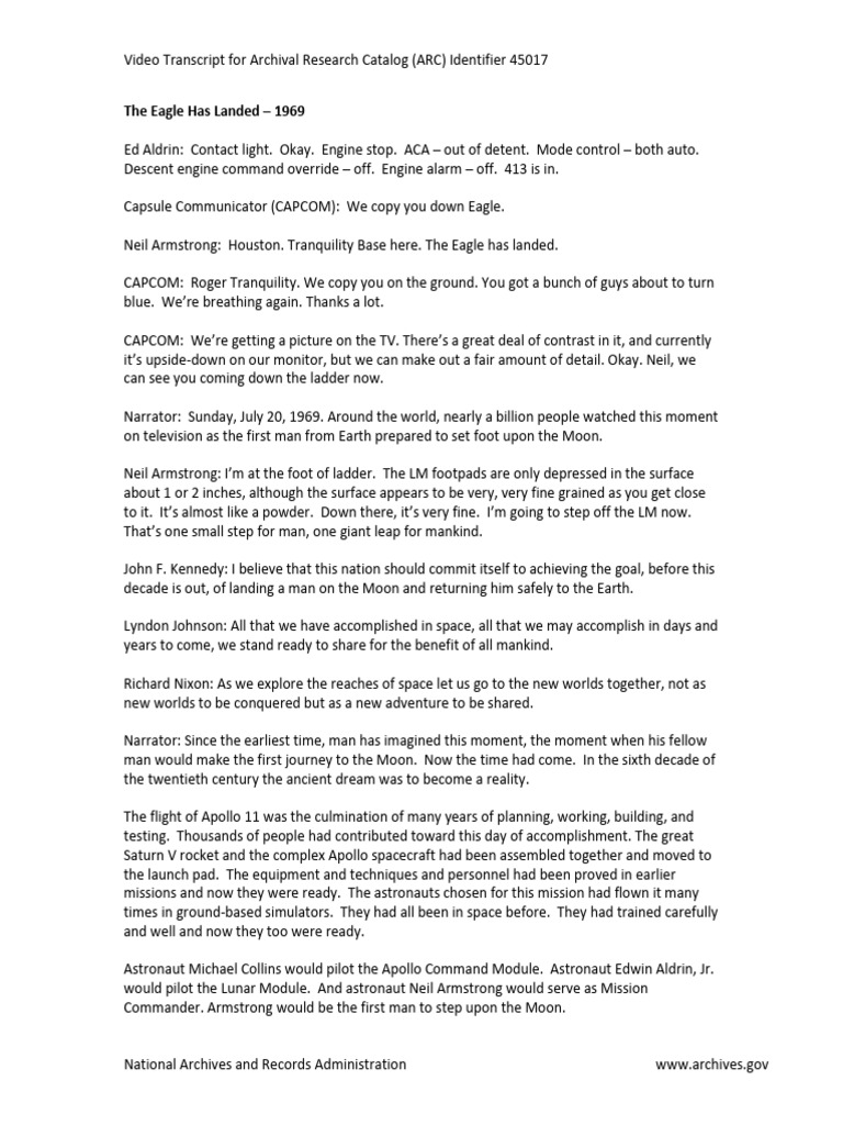 Transcript-Eagle-Has-Landed-1969-45017 - MAN ON THE MOON | PDF | Apollo ...