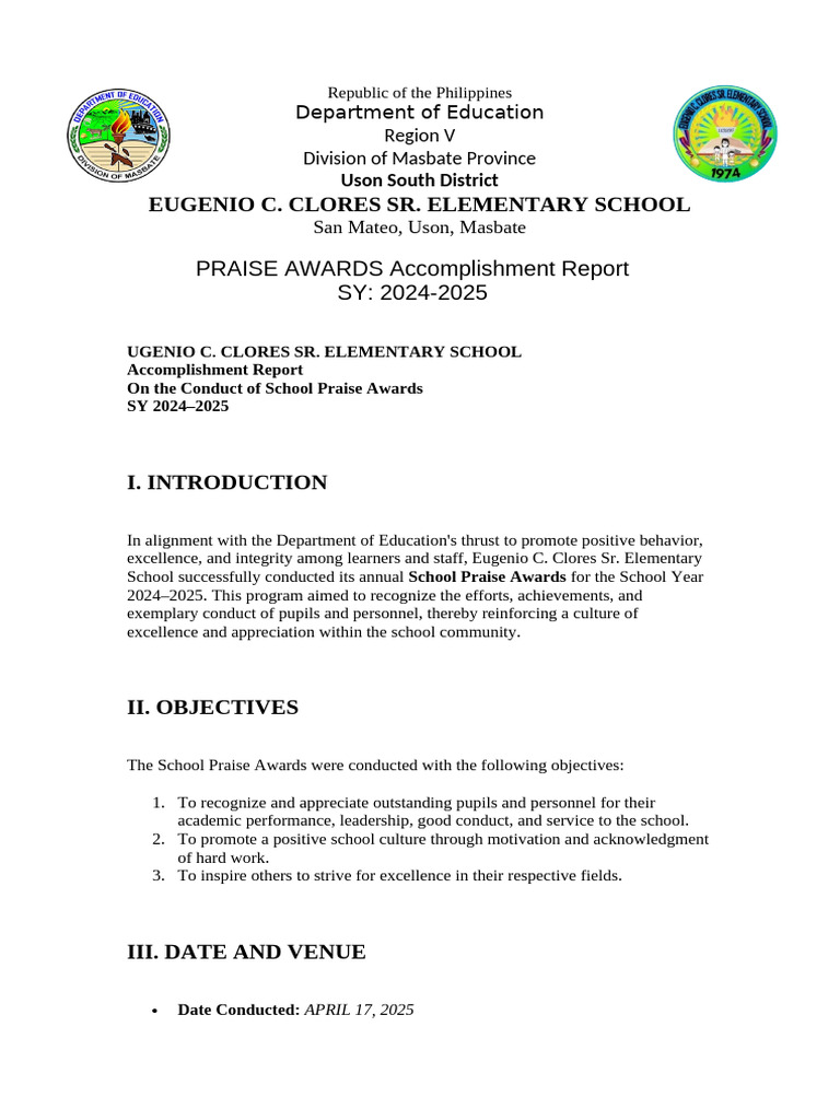 Praise Awards Accomplishment Report 2024-2025 | PDF | Teachers ...