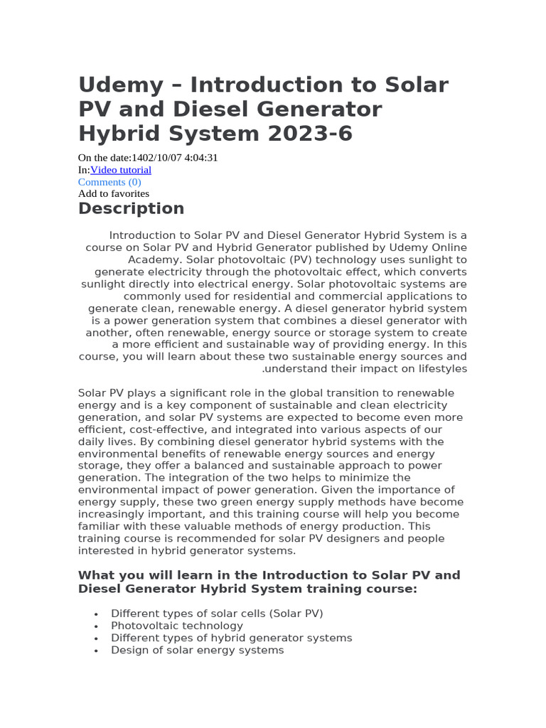 Diesel Generator Hybrid System | PDF | Photovoltaics | Solar Power