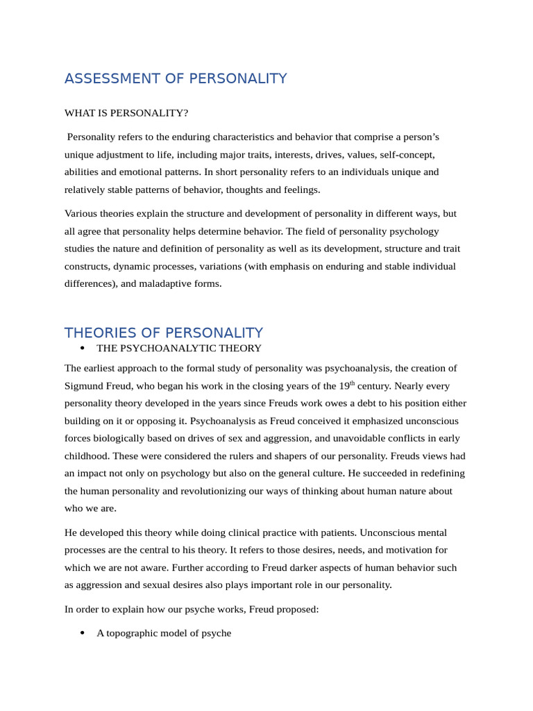 Assessment of Personality | PDF | Unconscious Mind | Psychological ...