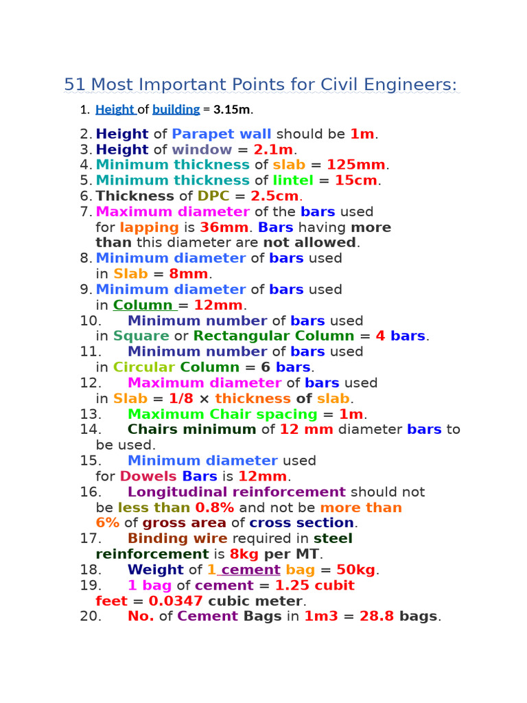 51 Most Important Points For Civil Engineers | PDF | Brick | Cement