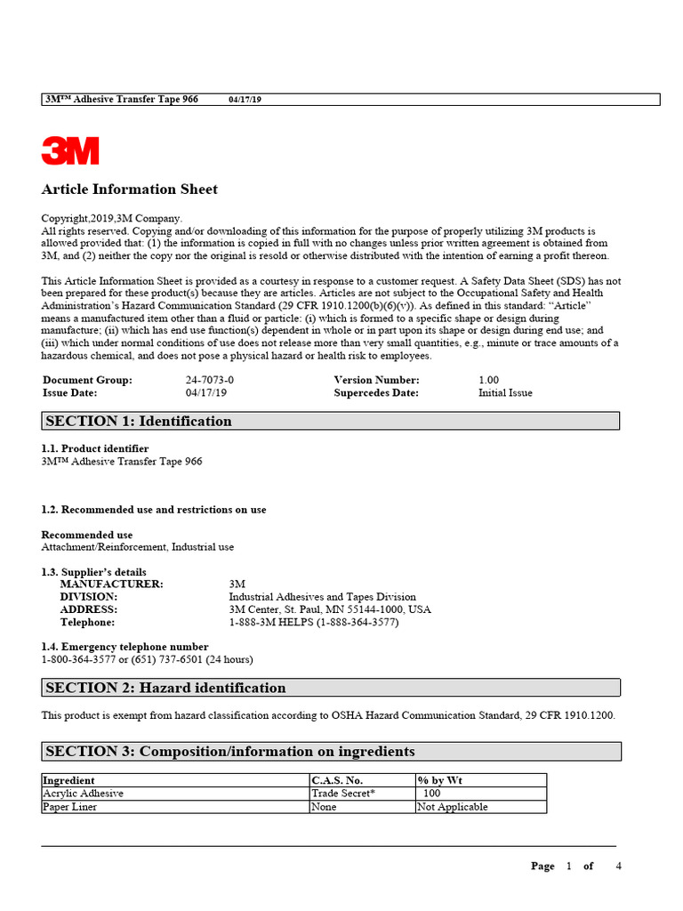 3M Adhesive Transfer Tape 966 | PDF | Hazards | Volatile Organic Compound