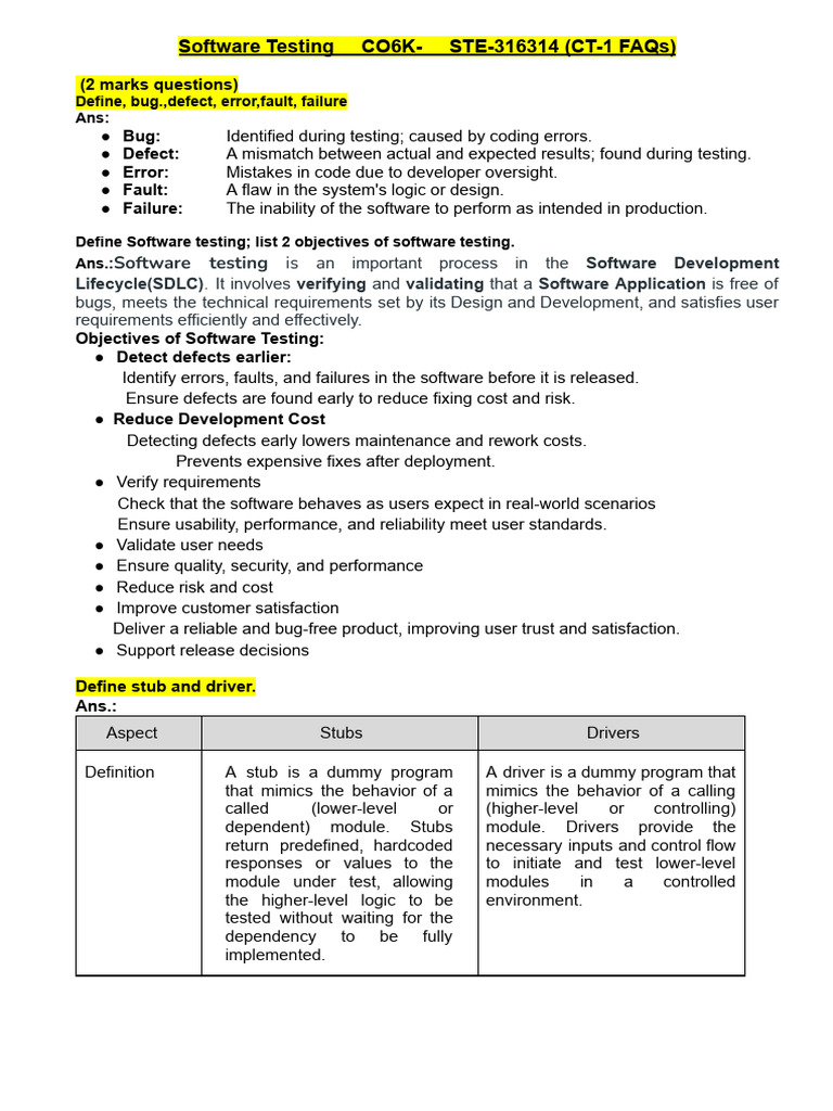 SFT-FAQs-for CT-1-2025-26-FULL Solution-Print | PDF | Software Testing ...