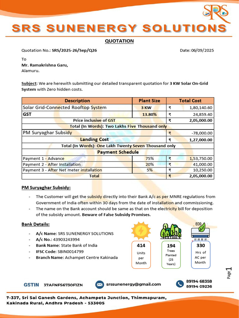 3kW Quotation Ramakrishna Garu | PDF | Solar Power | Photovoltaic System