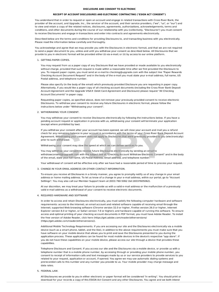 ESIGN Act Consent Agreement | PDF | Transaction Account | Software