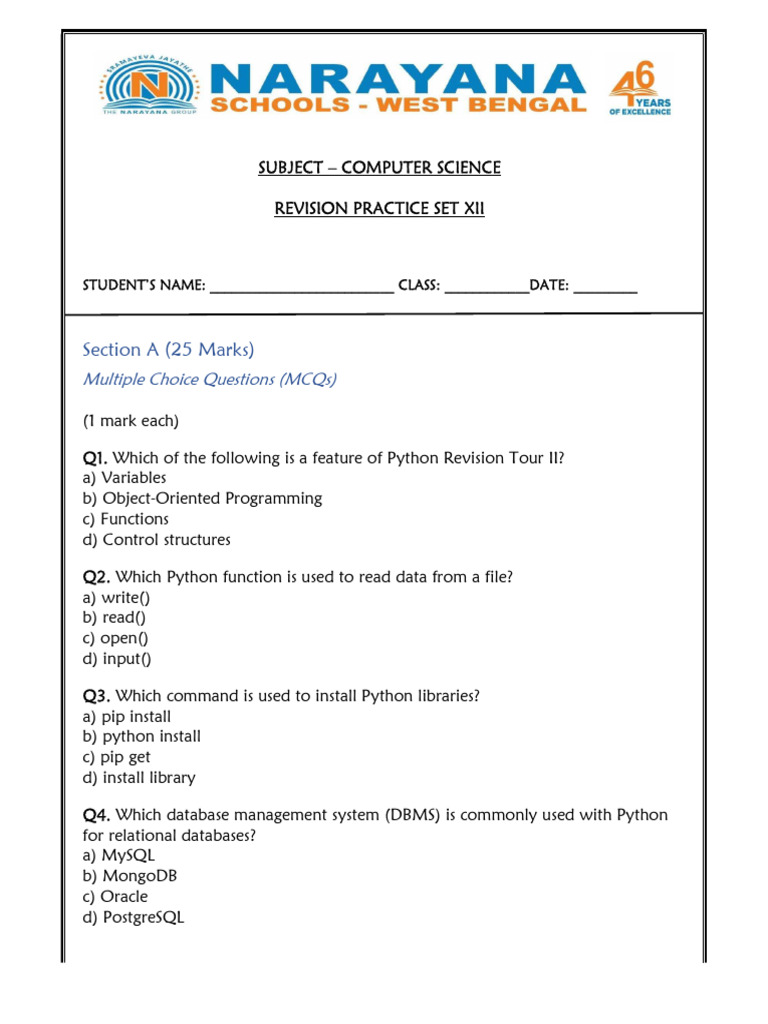 Revision Practice Set Xii | PDF | Databases | Python (Programming Language)