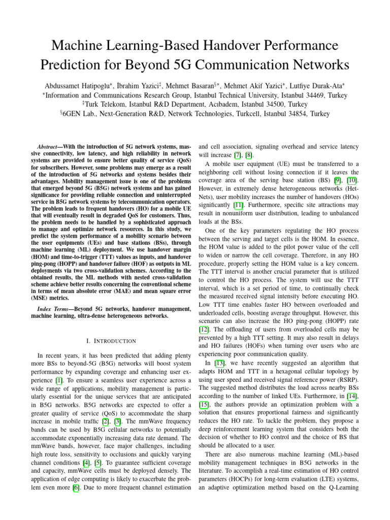 Machine Learning-Based Handover Performance Prediction For Beyond 5G ...